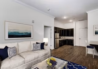 Interior view of a senior living facility apartment featuring a beige sofa with decorative pillows, a coffee table with fruit, a dark wood floor, a kitchen area with black cabinets and stainless steel appliances, and a small desk with a chair.