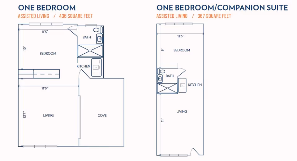 Architectural floor plans for Grand Villa Assisted Living showing two layouts: a one bedroom assisted living unit with 436 square feet including a bedroom, living area, kitchen, bath, and cove; and a one bedroom/companion suite with 367 square feet including a bedroom, living area, kitchen, and bath.