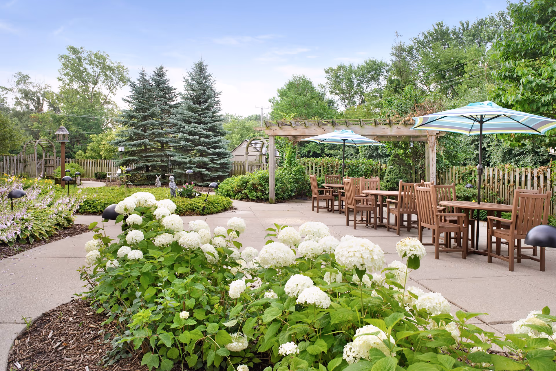 Outdoor senior living courtyard with patio tables and umbrellas, a wooden pergola, and white hydrangeas in the foreground.