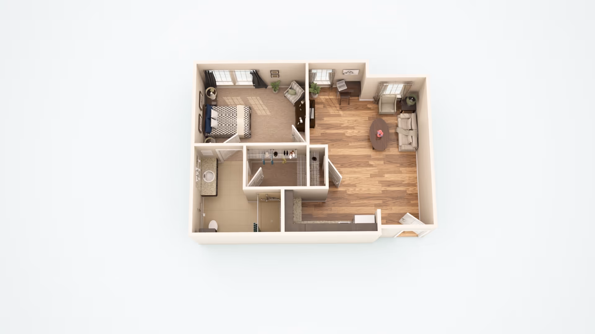 3D floor plan of a one-bedroom apartment featuring a bedroom with a bed and chair, a bathroom with a shower and toilet, a walk-in closet, and a living room with a sofa, armchair, coffee table, and desk.