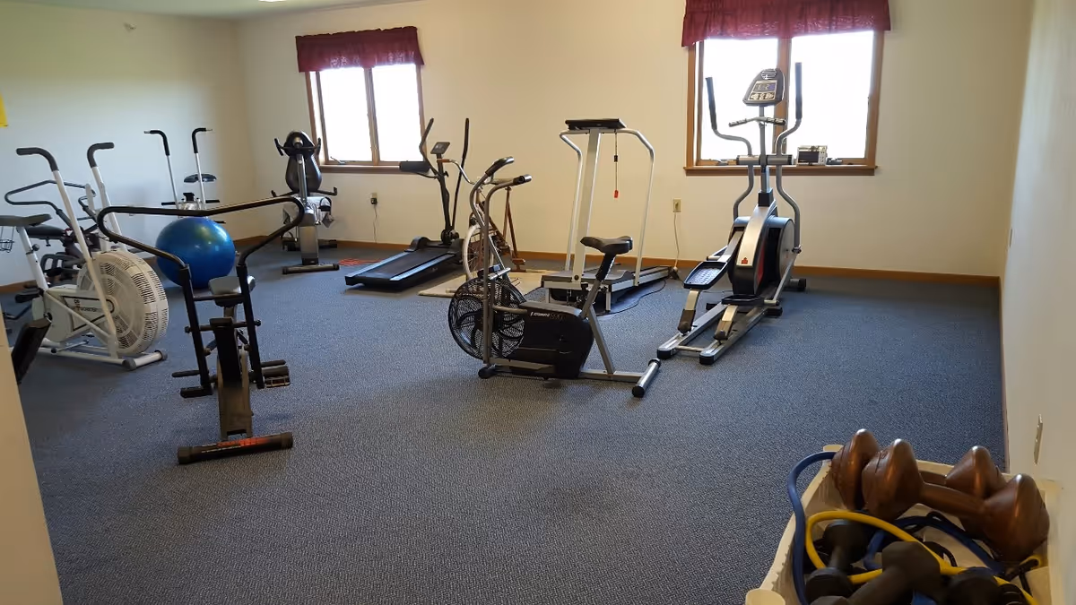 A small fitness room with various exercise equipment including stationary bikes, an elliptical machine, a treadmill, a blue exercise ball, and a set of dumbbells and resistance bands in a container. The room has carpeted flooring, two windows with red valances, and plain white walls.