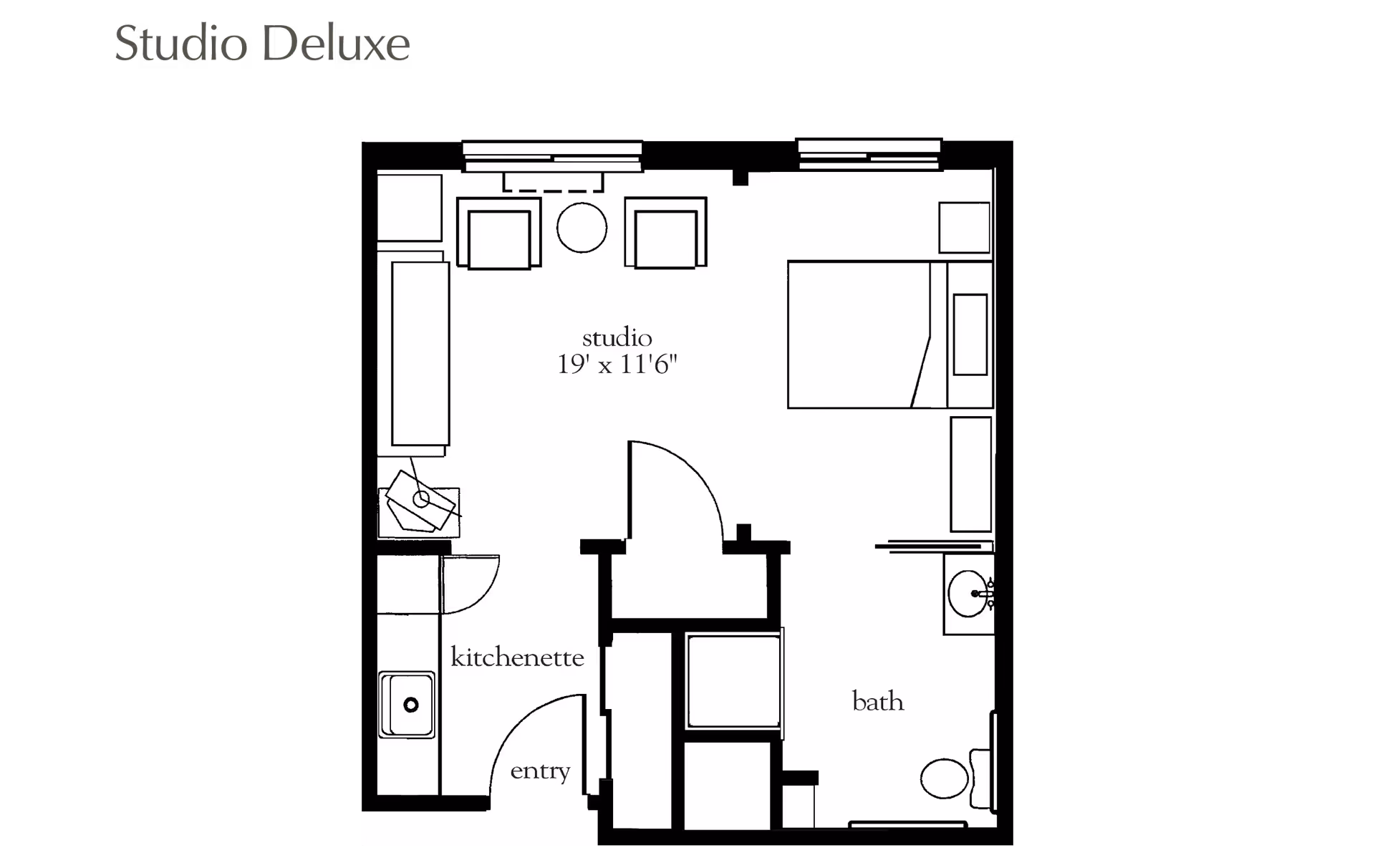 Floor plan of a studio deluxe apartment showing a studio area measuring 19 feet by 11 feet 6 inches, with a bed, two chairs, a sofa, a kitchenette, an entry area, and a bathroom with a sink and toilet.