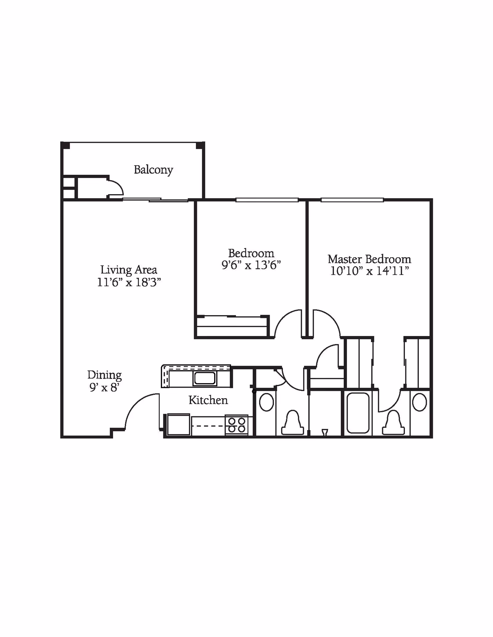 Floor plan of an apartment unit showing a balcony, living area, dining area, kitchen, bedroom, master bedroom, and two bathrooms with dimensions labeled.