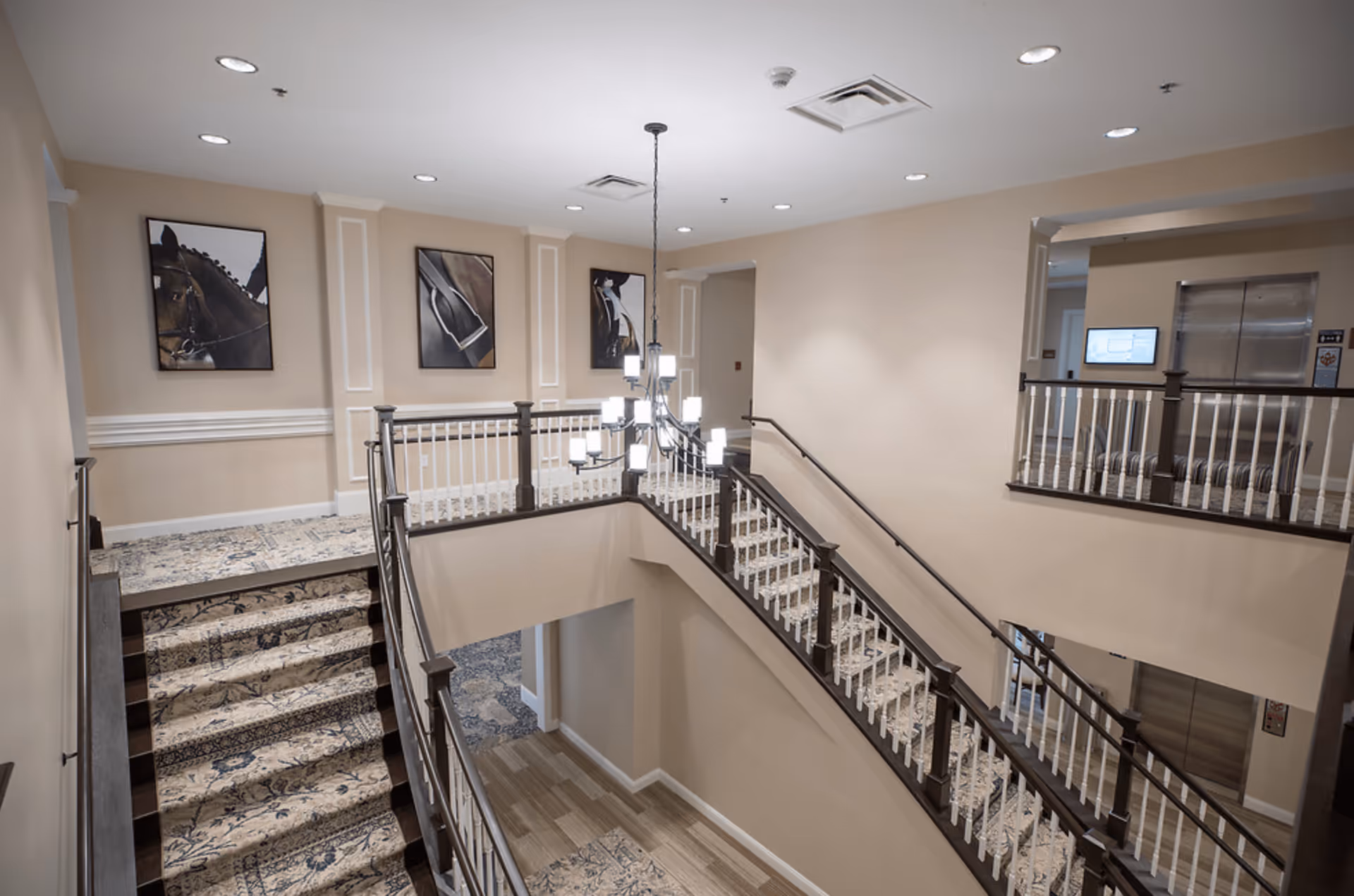 Interior view of a senior living facility showing a carpeted staircase with patterned carpet, beige walls, white railings with dark wood handrails, and three framed pictures of horses on the wall. A modern chandelier hangs above the stairwell, and an elevator is visible in the background.