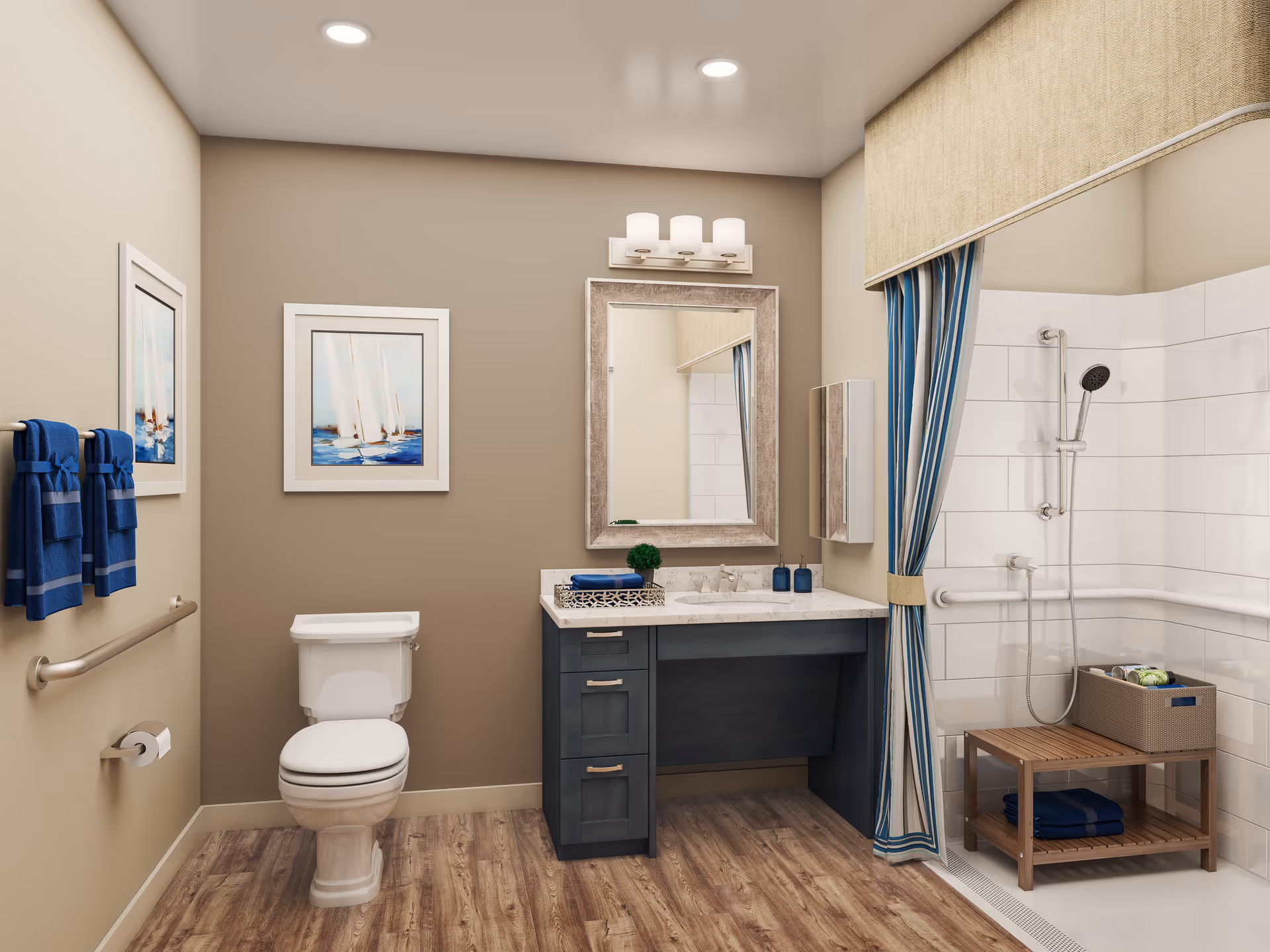 A clean and modern bathroom with a toilet, a vanity with a sink and mirror, blue towels hanging on a rack, a framed painting of sailboats on the wall, and a walk-in shower with a handheld showerhead, grab bars, a wooden bench, and a striped shower curtain.