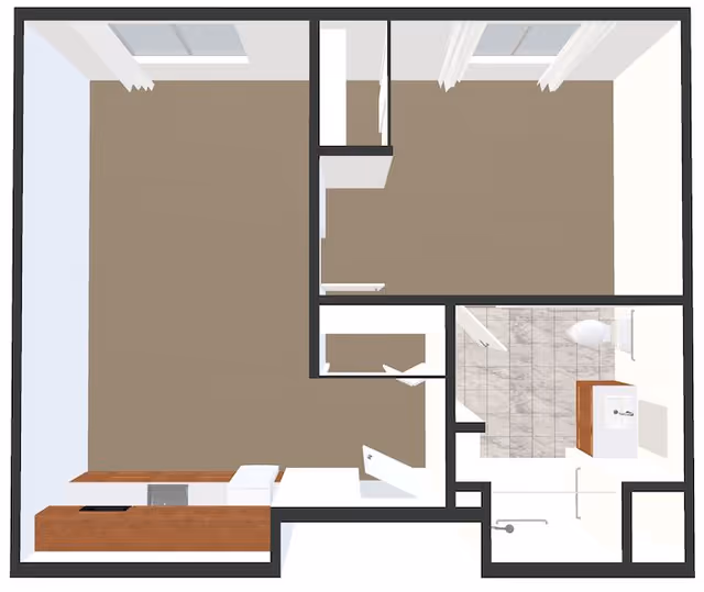 Top-down view of a senior housing apartment floor plan showing a living area with carpet, a bedroom, a bathroom with tiled floor, toilet, sink, and shower, and a kitchen area with wooden cabinets and appliances.