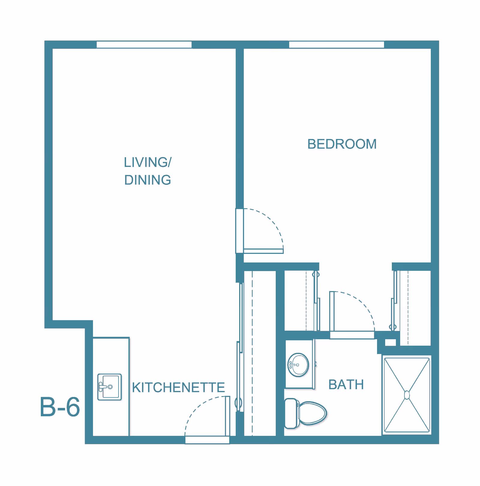 Floor plan layout of a one-bedroom unit labeled B-6 at Holiday Rock Creek, showing a living/dining area, kitchenette, bedroom, and bathroom with fixtures.
