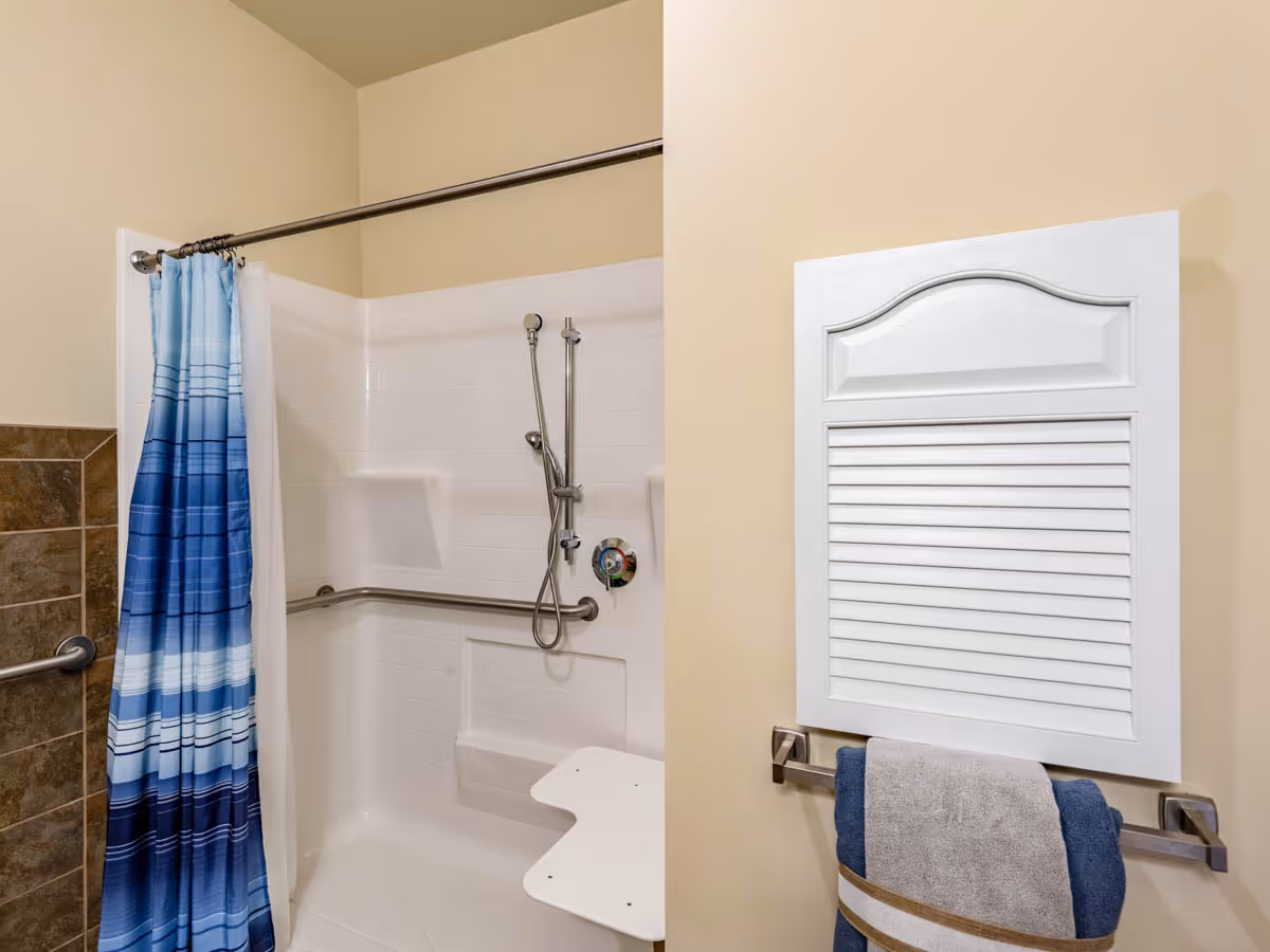 Accessible bathroom with a walk-in shower featuring grab bars, a handheld showerhead, a fold-down seat and a blue striped curtain, plus a towel rack and wall cabinet.