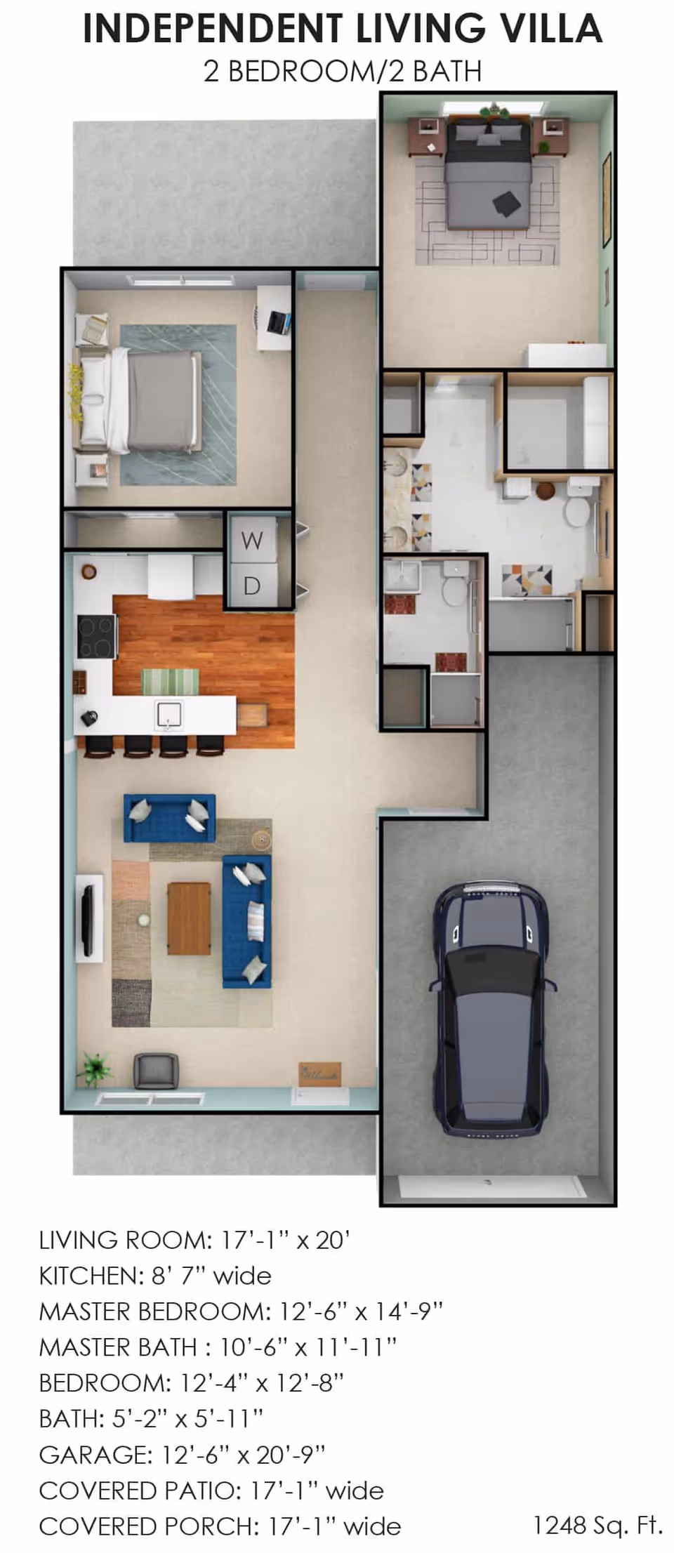 Floor plan of an independent living villa with 2 bedrooms and 2 bathrooms. The layout includes a living room with seating and a TV, a kitchen with appliances and a breakfast bar, a master bedroom with an attached master bath, a second bedroom, a second bathroom, a laundry area with washer and dryer, a garage with a parked car, a covered patio, and a covered porch.