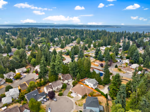Aerial view of a suburban neighborhood with numerous houses surrounded by many tall green trees. The neighborhood is near a large body of water visible in the background under a partly cloudy blue sky.