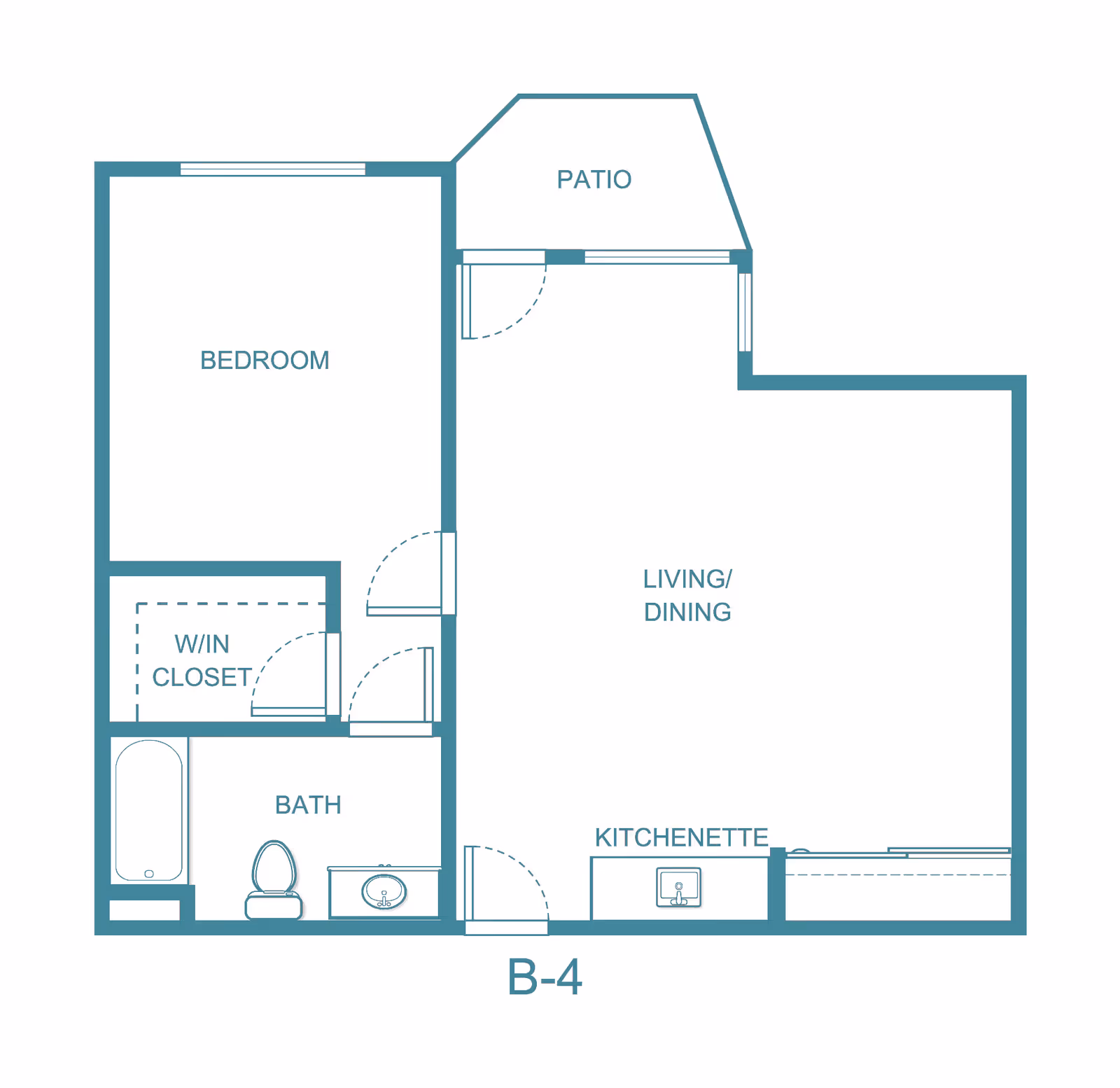 Floor plan labeled B-4 showing a layout with a bedroom, walk-in closet, bathroom, kitchenette, living/dining area, and a patio.