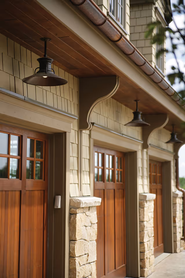 Exterior view of a building with three wooden garage doors, stone pillars, and hanging outdoor lights under a wooden overhang.