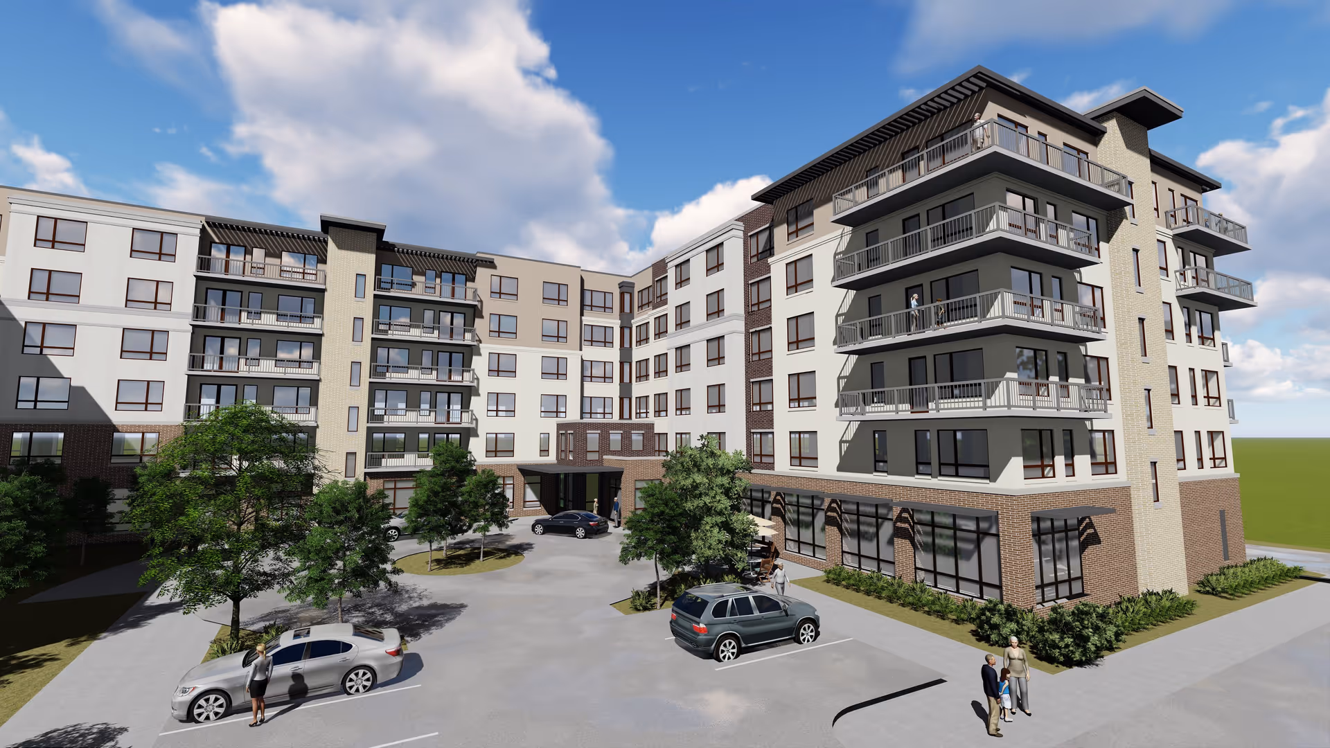 Exterior view of a modern multi-story senior living facility with balconies, large windows, and a parking area with several cars. There are a few people walking and standing near the entrance and parking lot, surrounded by trees and landscaping under a partly cloudy sky.