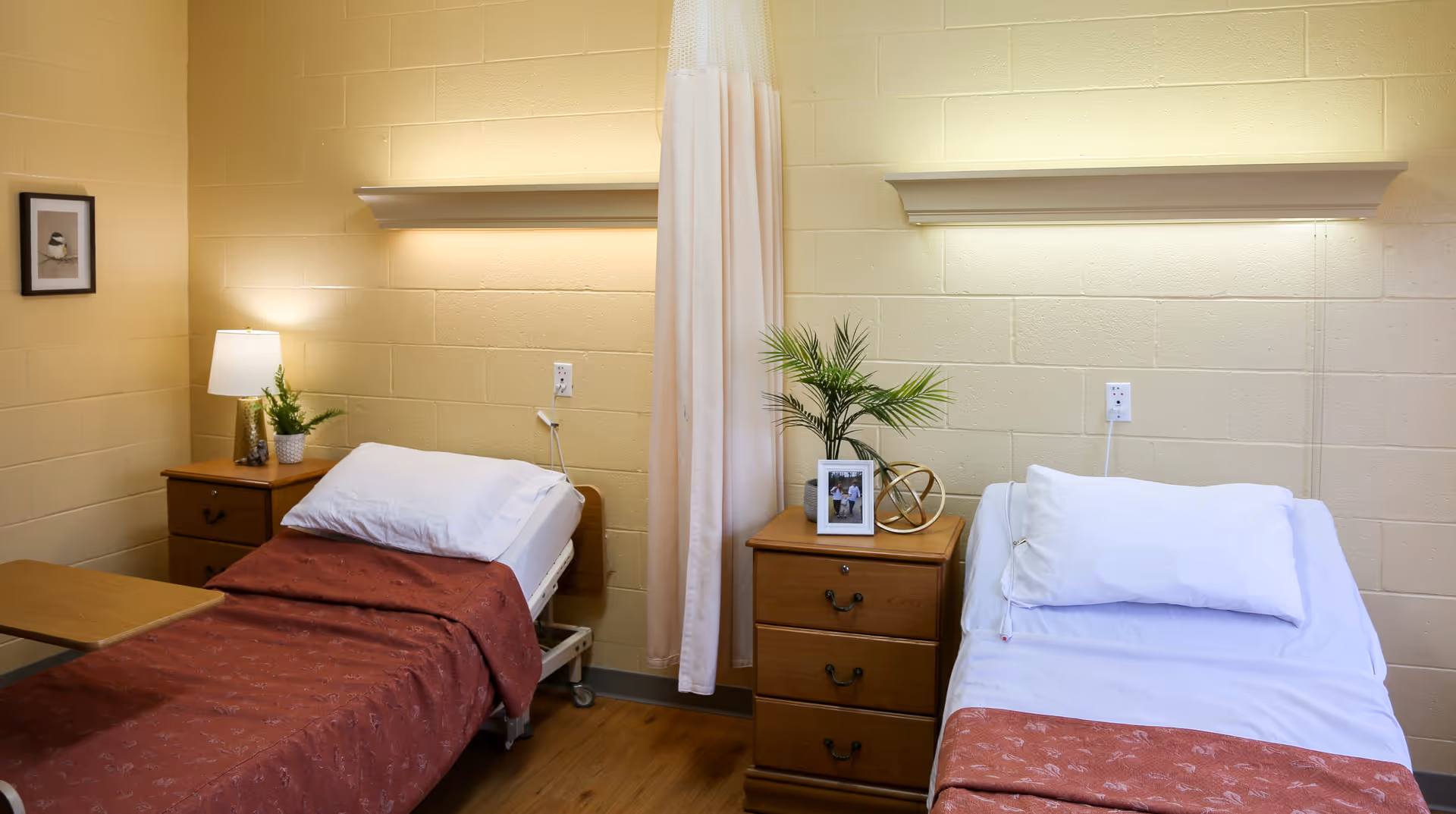 A room with two single hospital-style beds separated by a wooden nightstand. Each bed has white pillows and a reddish-brown blanket. The nightstand holds a small green plant, a framed photo, and a decorative object. There is a lamp on a small table next to the left bed, and a curtain hangs between the beds. The walls are painted light yellow with a brick texture, and the floor is wooden.