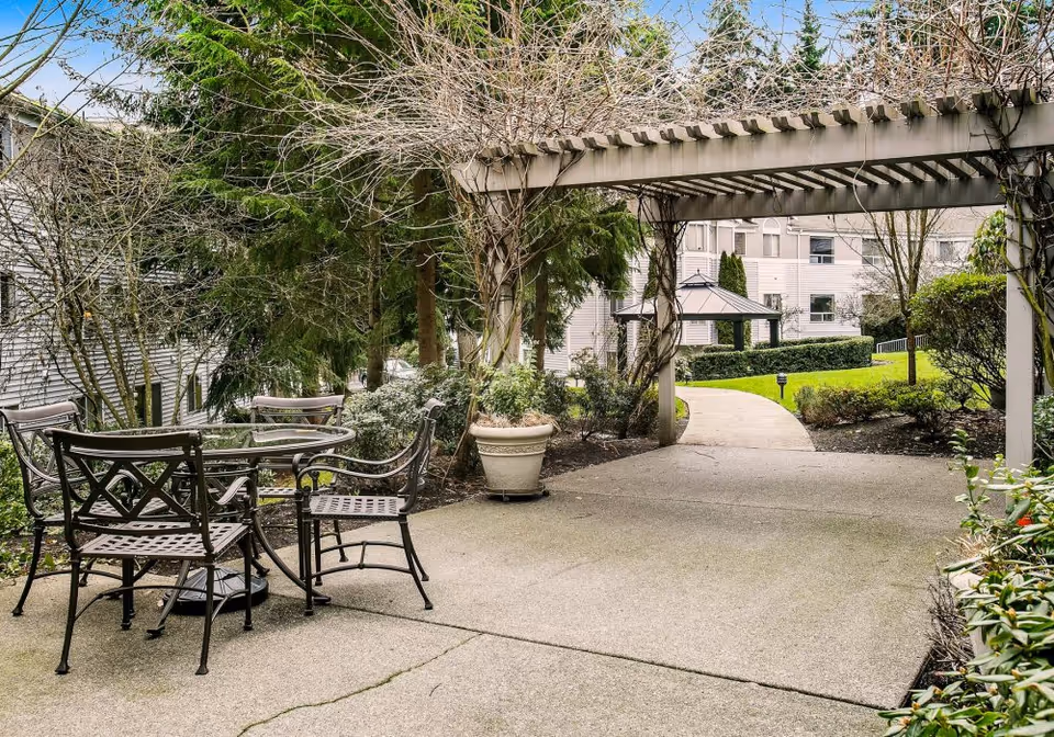 Outdoor patio area with a metal table and four chairs on a concrete surface, surrounded by trees and shrubs. A pergola structure with climbing plants is overhead, and a paved walkway leads to a gazebo and a multi-story building in the background.
