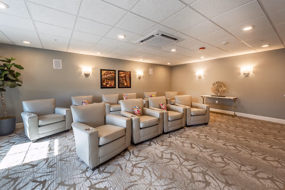 A cozy seating area with two rows of beige leather armchairs, each with a colorful pillow. The room has a patterned carpet, gray walls with wall sconces, two framed artworks, a decorative plant in a pot, and a console table with a decorative piece on it. The ceiling has recessed lighting and a central air conditioning unit.