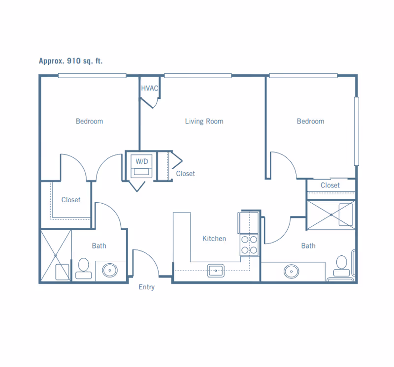 Floor plan of a residential unit approximately 910 square feet, showing two bedrooms each with a closet, two bathrooms, a kitchen with appliances, a living room, an entry area, and a washer/dryer closet.