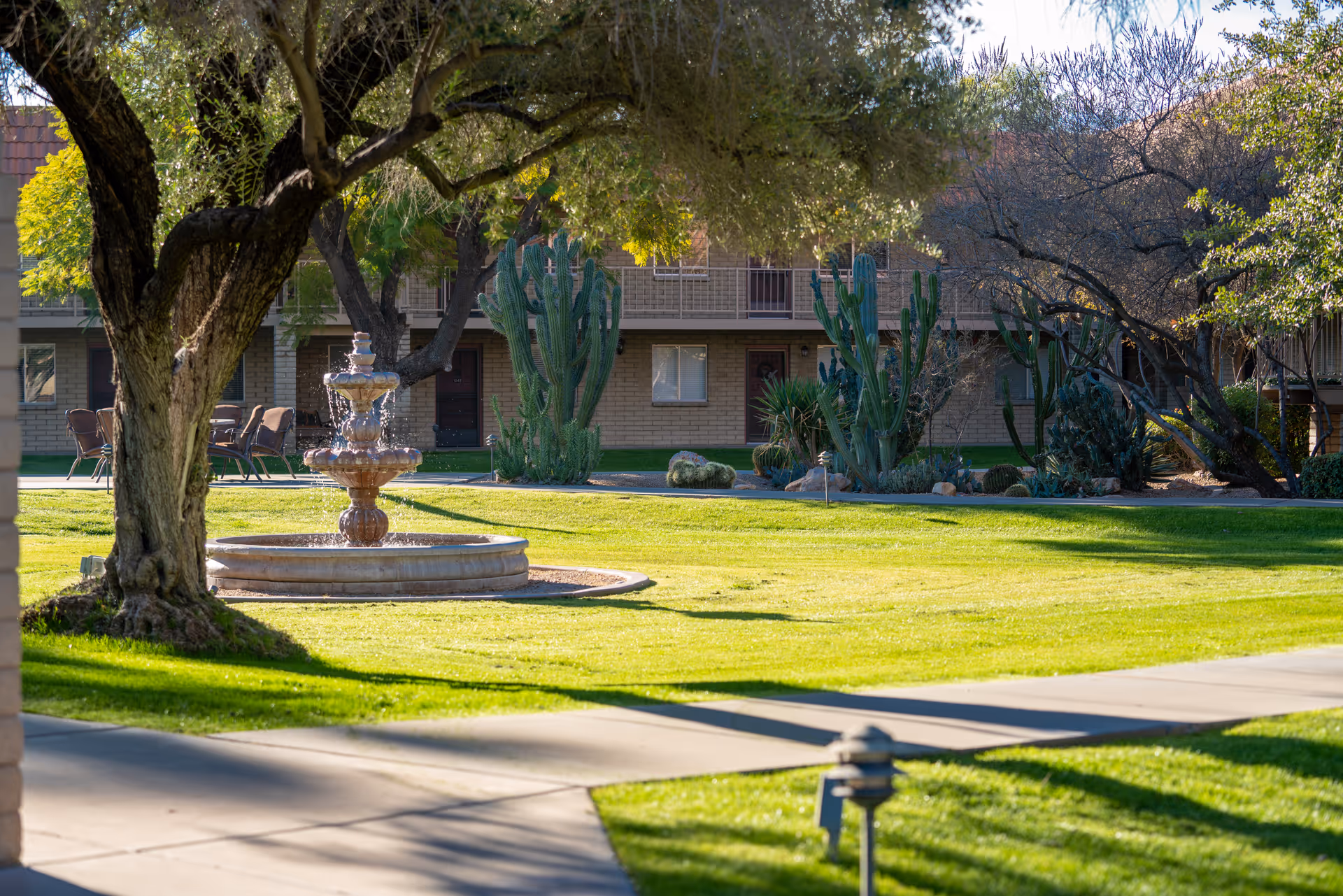 A sunny outdoor courtyard area with a multi-tiered water fountain surrounded by green grass, trees, and cacti. In the background, there is a two-story building with balconies and patio chairs.