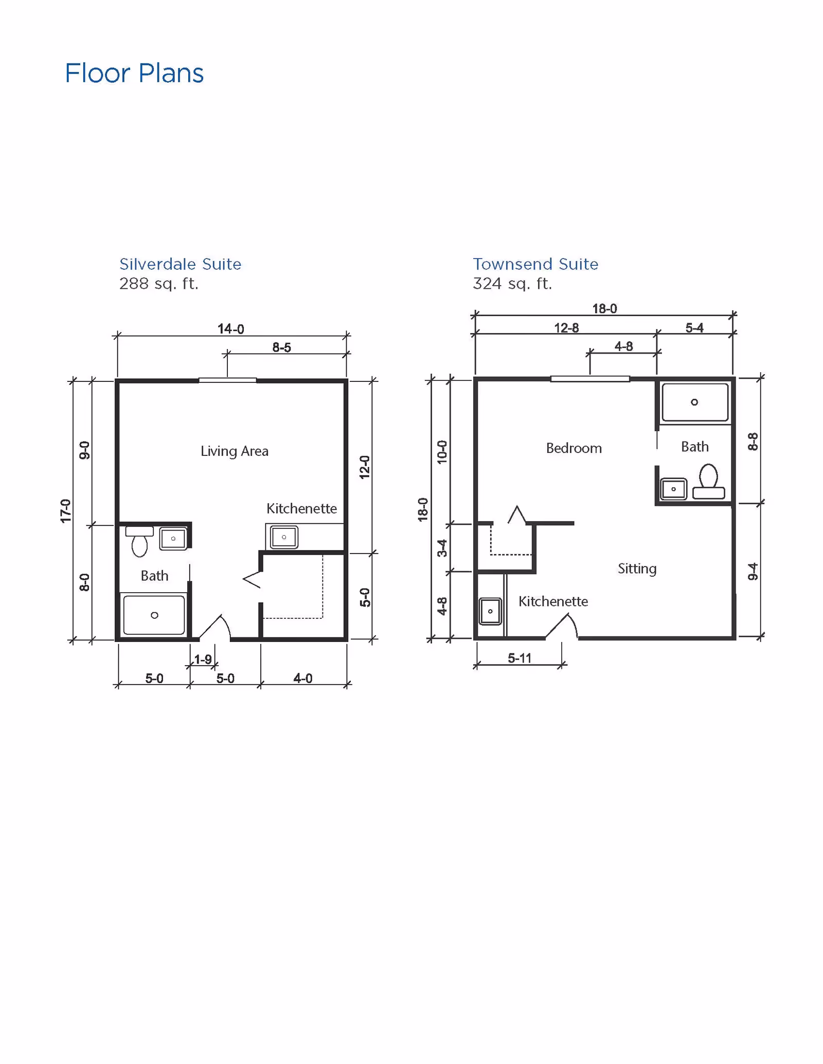 Floor plans for two suites at Brookdale Salina Fairdale: Silverdale Suite with 288 sq. ft. including a living area, kitchenette, and bath; Townsend Suite with 324 sq. ft. including a bedroom, sitting area, kitchenette, and bath.