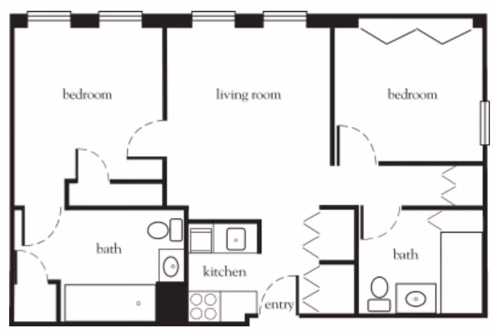 Floor plan of a residential unit showing two bedrooms, two bathrooms, a living room, a kitchen, and an entry area.