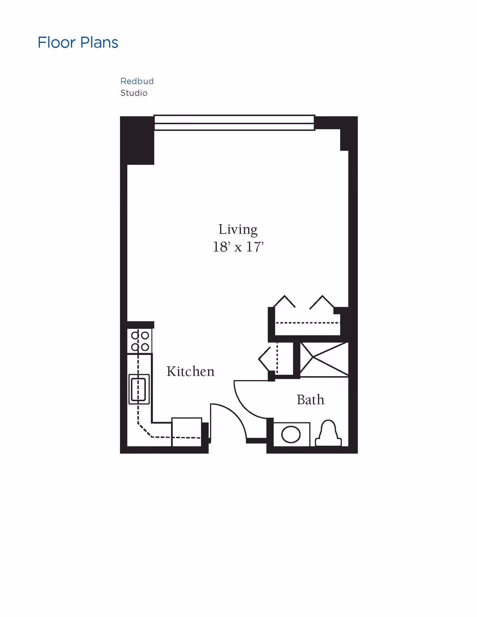 Floor plan of a studio apartment named Redbud showing a living area measuring 18 feet by 17 feet, a kitchen area, and a bathroom.