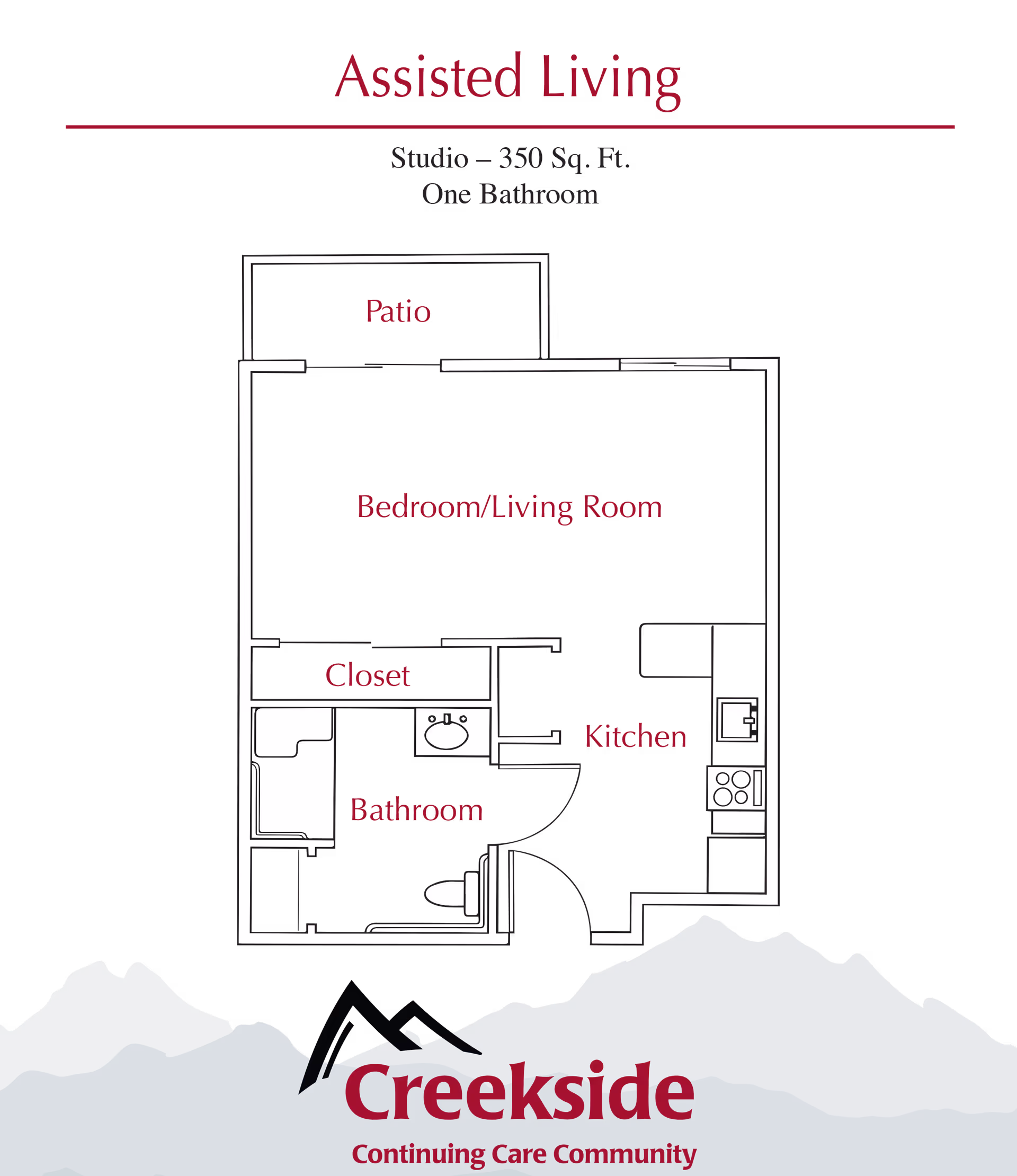 Floor plan graphic for an assisted living studio showing a bedroom/living room, patio, kitchen, bathroom, and closet with the Creekside logo at the bottom.