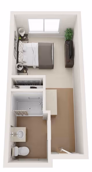 Top-down 3D floor plan of a studio apartment showing a bed area, dresser, closet, kitchenette, and a bathroom.