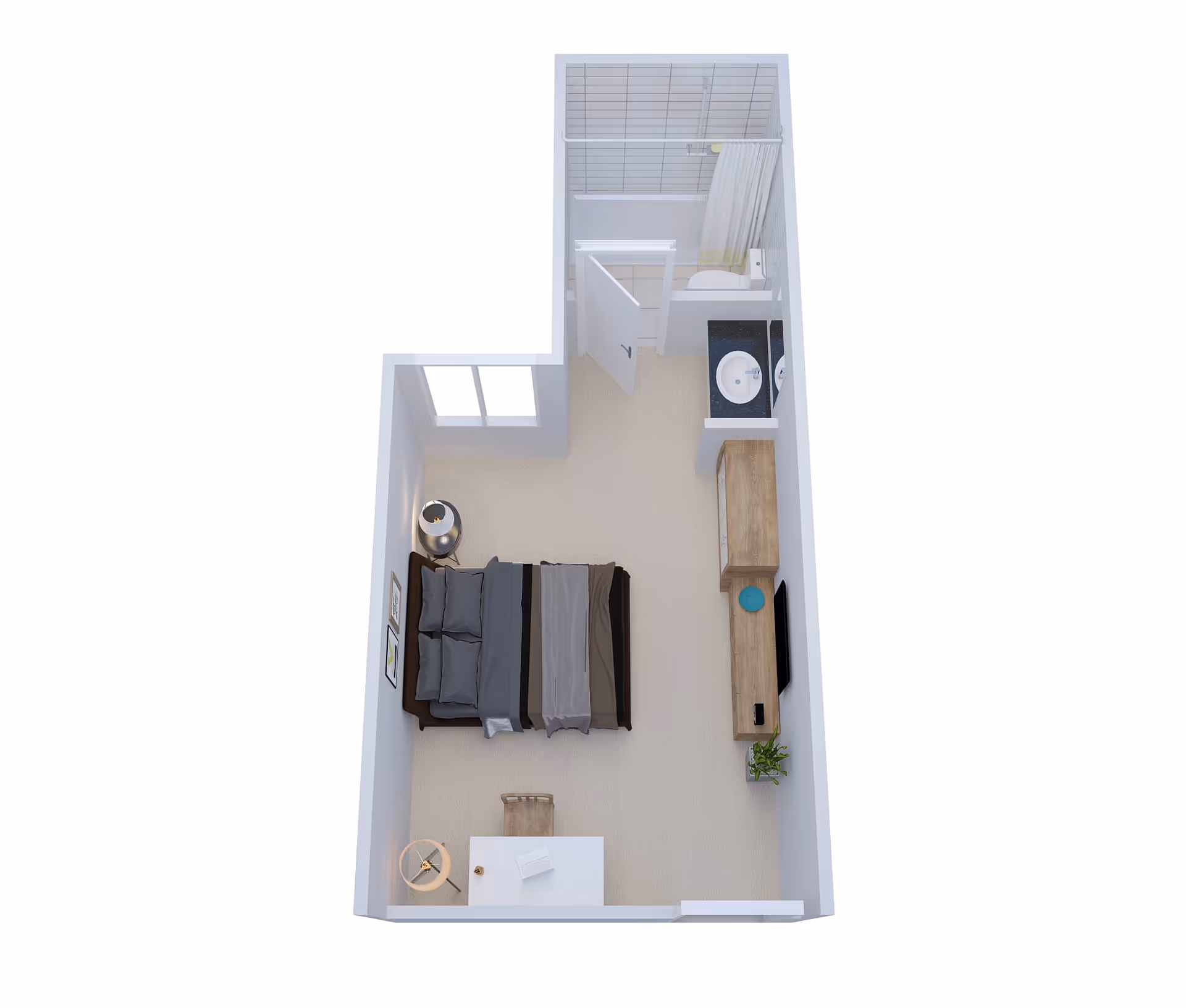 3D floor plan of a small studio apartment featuring a bed with pillows and blankets, a bedside table with a lamp, a desk with a chair and a book, a TV mounted on a wooden cabinet, a small plant, and a bathroom with a shower, toilet, and sink.