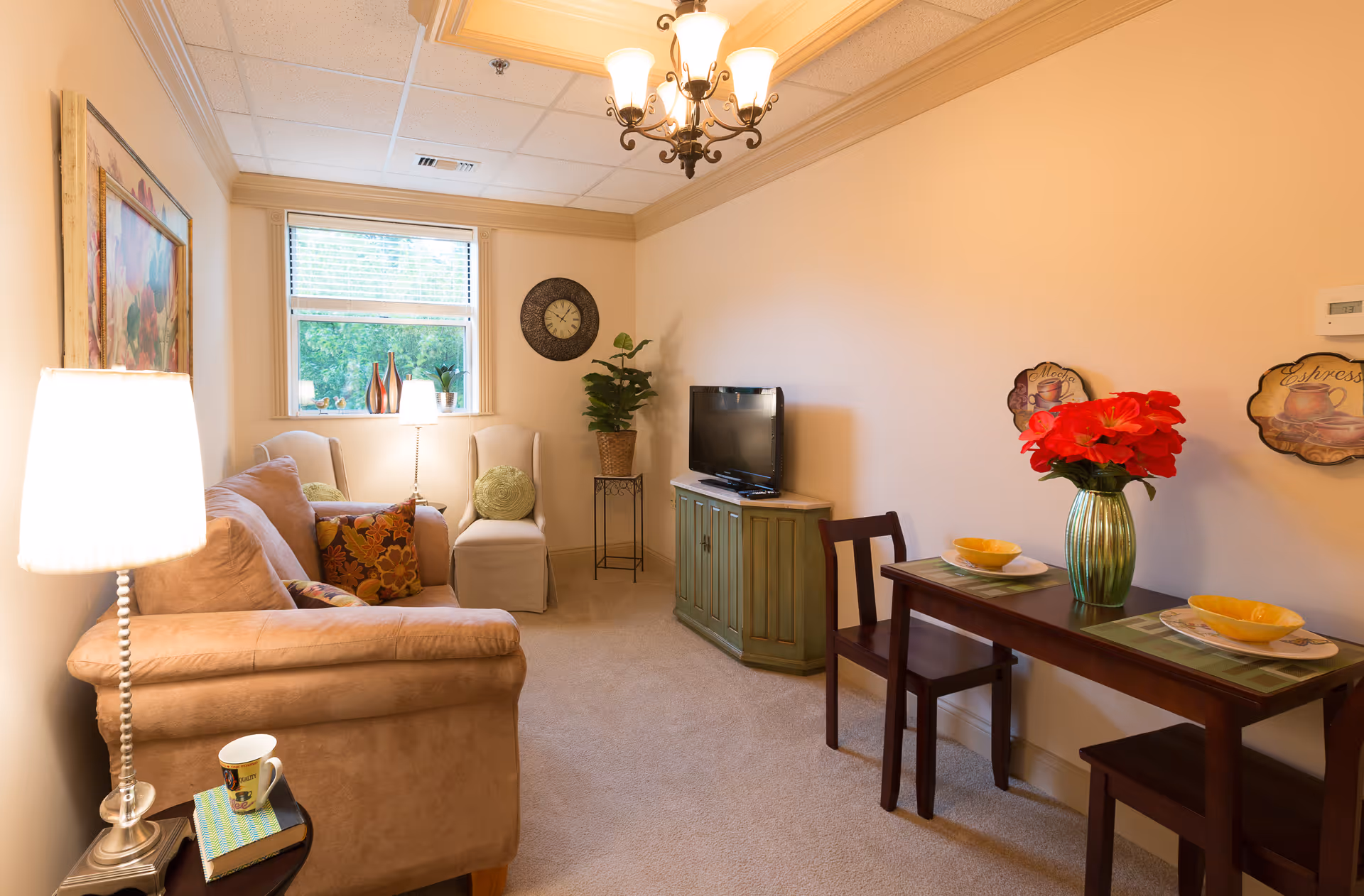 Cozy living room with a sofa, armchairs, a TV on a cabinet, and a small dining table with a vase of red flowers.