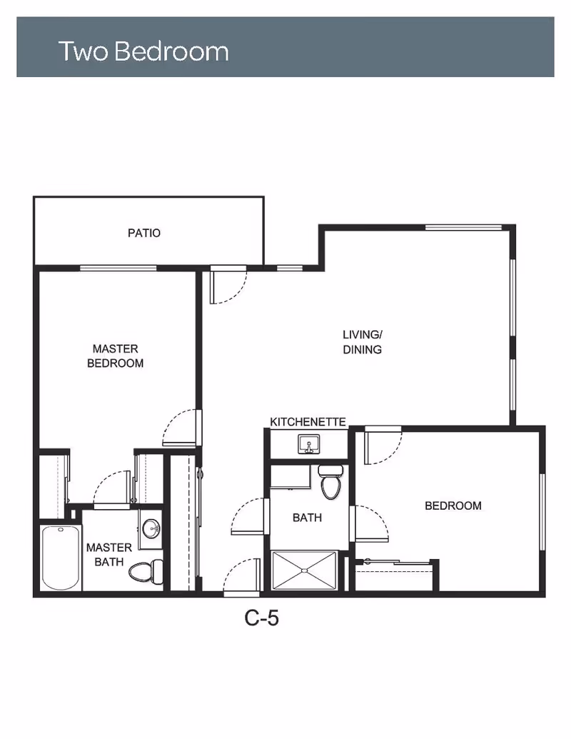 Floor plan layout of a two-bedroom unit at Holiday Hartland Hills, featuring a master bedroom with master bath, a second bedroom, a living/dining area, a kitchenette, a second bath, and a patio.