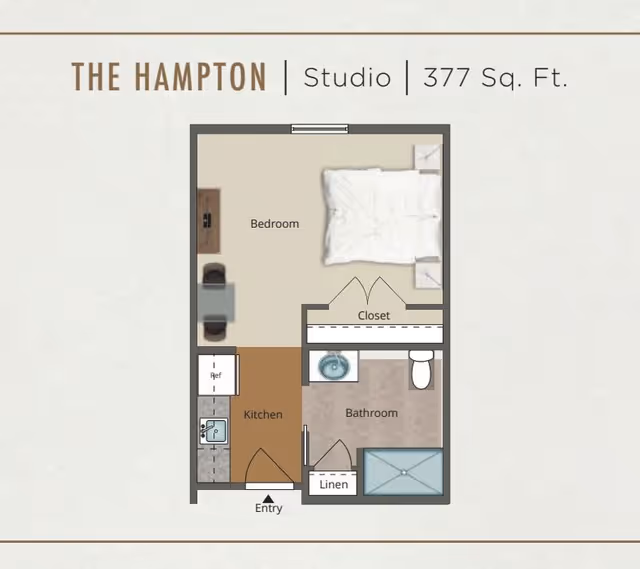 Labeled floor plan of 'The Hampton' studio apartment (377 sq. ft.) showing a bedroom, kitchen, closet, bathroom, linen closet, and entry.