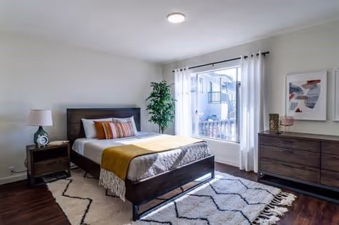 A bright bedroom with a large window covered by white curtains. The room features a dark wooden bed frame with a neatly made bed, including white and striped pillows and a yellow throw blanket. There is a matching dark wooden nightstand with a lamp and a decorative item, a tall green plant in the corner, and a dark wooden dresser with decorative pieces and framed abstract art on the wall. The floor has a patterned area rug over dark hardwood flooring.