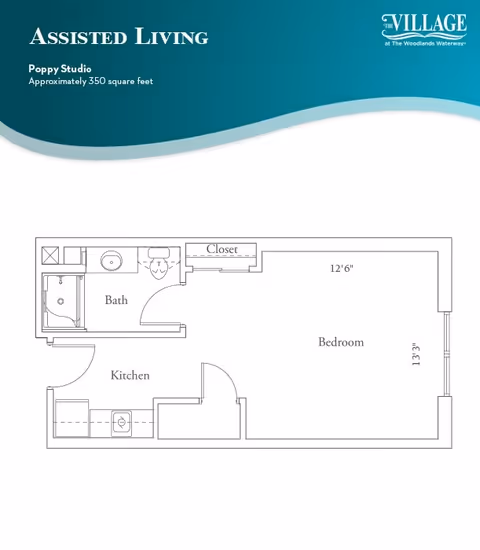 Floor plan of an assisted living Poppy Studio apartment at Village at Woodlands Waterway, approximately 350 square feet, showing a kitchen, bath, closet, and bedroom with dimensions.
