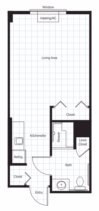 Architectural floor plan of a senior living unit at Belmont Village Senior Living Burbank showing an entry area with closet, kitchenette with refrigerator, living area with window and heating/AC, bathroom with shower, toilet, sink, and linen closet, and an additional closet near the living area.