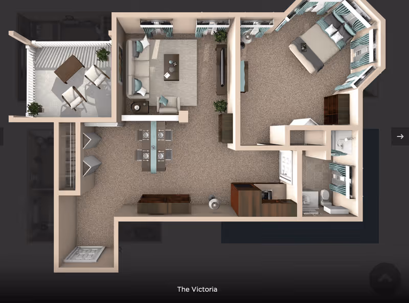 3D floor plan of an apartment named The Victoria at Grand Victorian of Rockford, showing a bedroom with a bed and dresser, a living room with sofa and TV, a dining area with table and chairs, a kitchen with appliances, a bathroom with shower and toilet, and a balcony with outdoor seating.