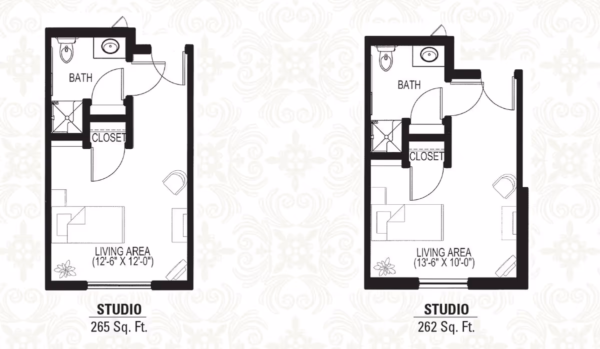Two studio apartment floor plans from Heritage West Allis, each showing a living area, closet, and bathroom. The left studio is 265 square feet with a living area measuring 12 feet 6 inches by 12 feet. The right studio is 262 square feet with a living area measuring 13 feet 6 inches by 10 feet.