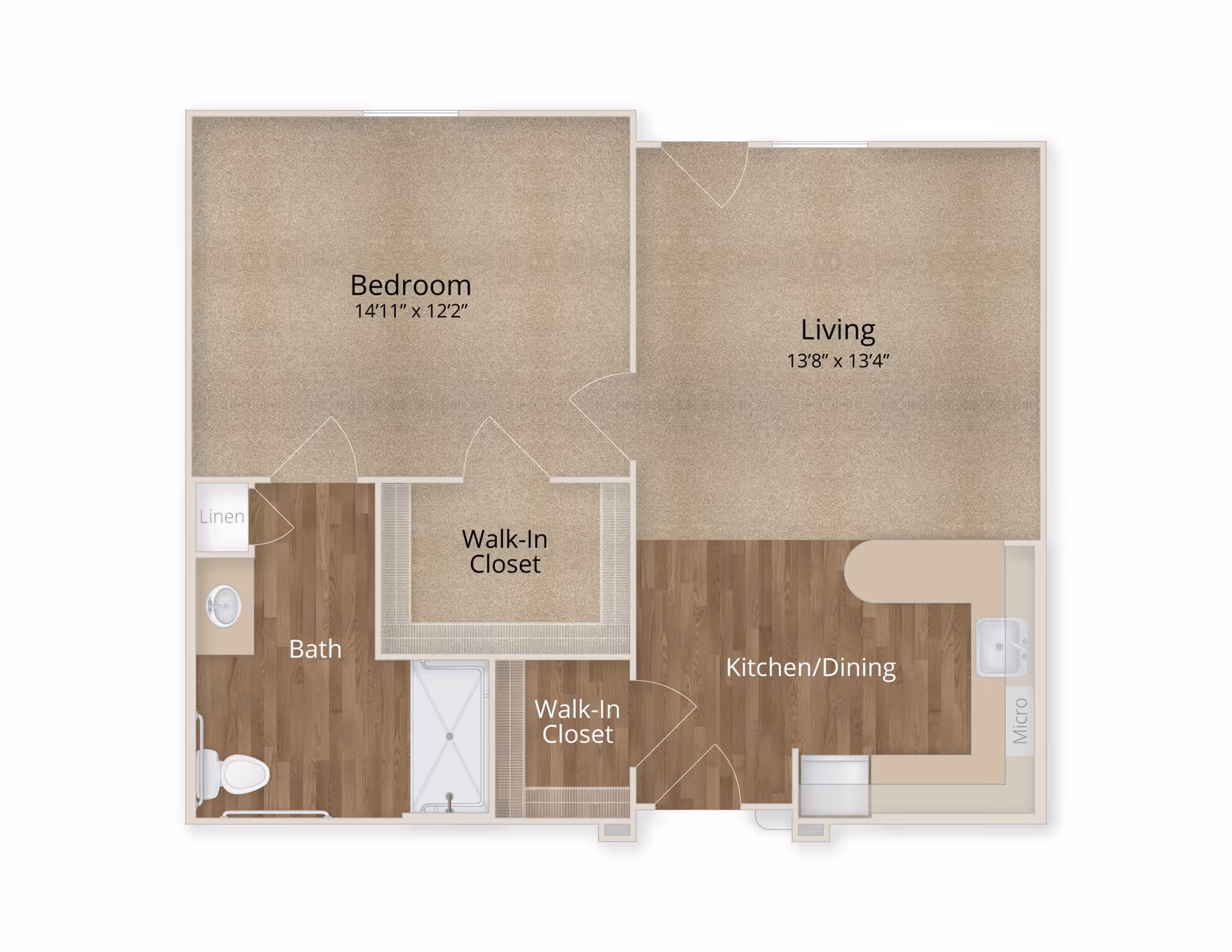 Floor plan of a senior living apartment at Arabella of Longview Senior Living showing a bedroom, living room, kitchen/dining area, bathroom, and two walk-in closets.