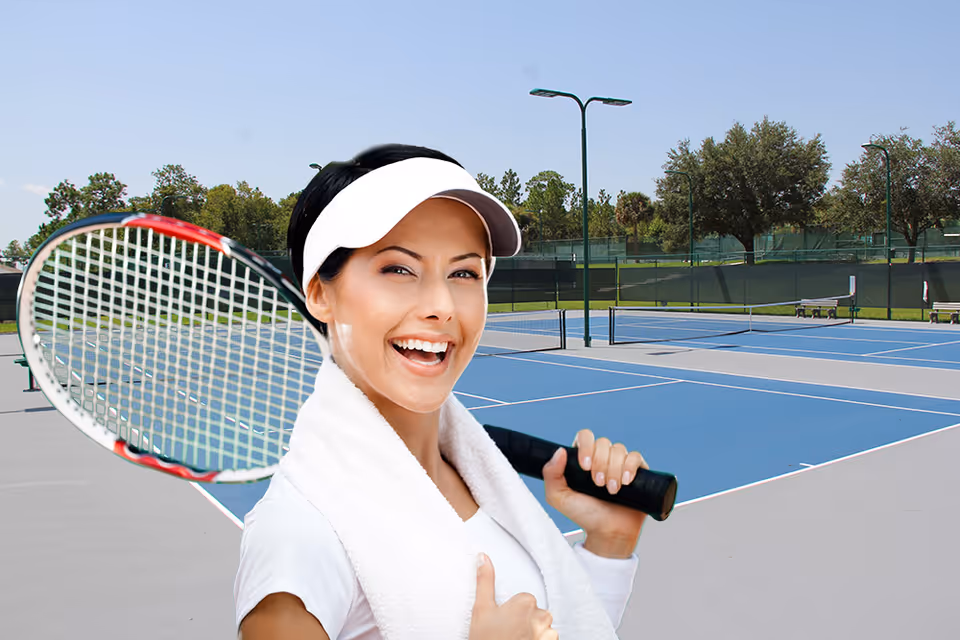 A smiling woman in a visor holding a tennis racket and towel on outdoor tennis courts.