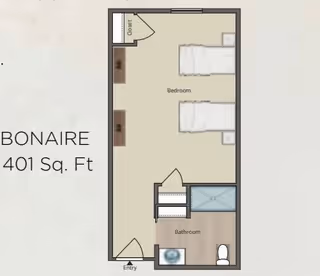 Floor plan of a 401 sq. ft. studio-style apartment labeled 'Bonaire' showing a bedroom with two beds, a bathroom, and an entry.