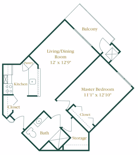 Floor plan of an apartment at Waltonwood Cherry Hill showing a kitchen with pantry and closet, a living/dining room measuring 12 feet by 12 feet 9 inches, a master bedroom measuring 11 feet 1 inch by 12 feet 10 inches with a closet, a bathroom, a storage area, and a balcony.