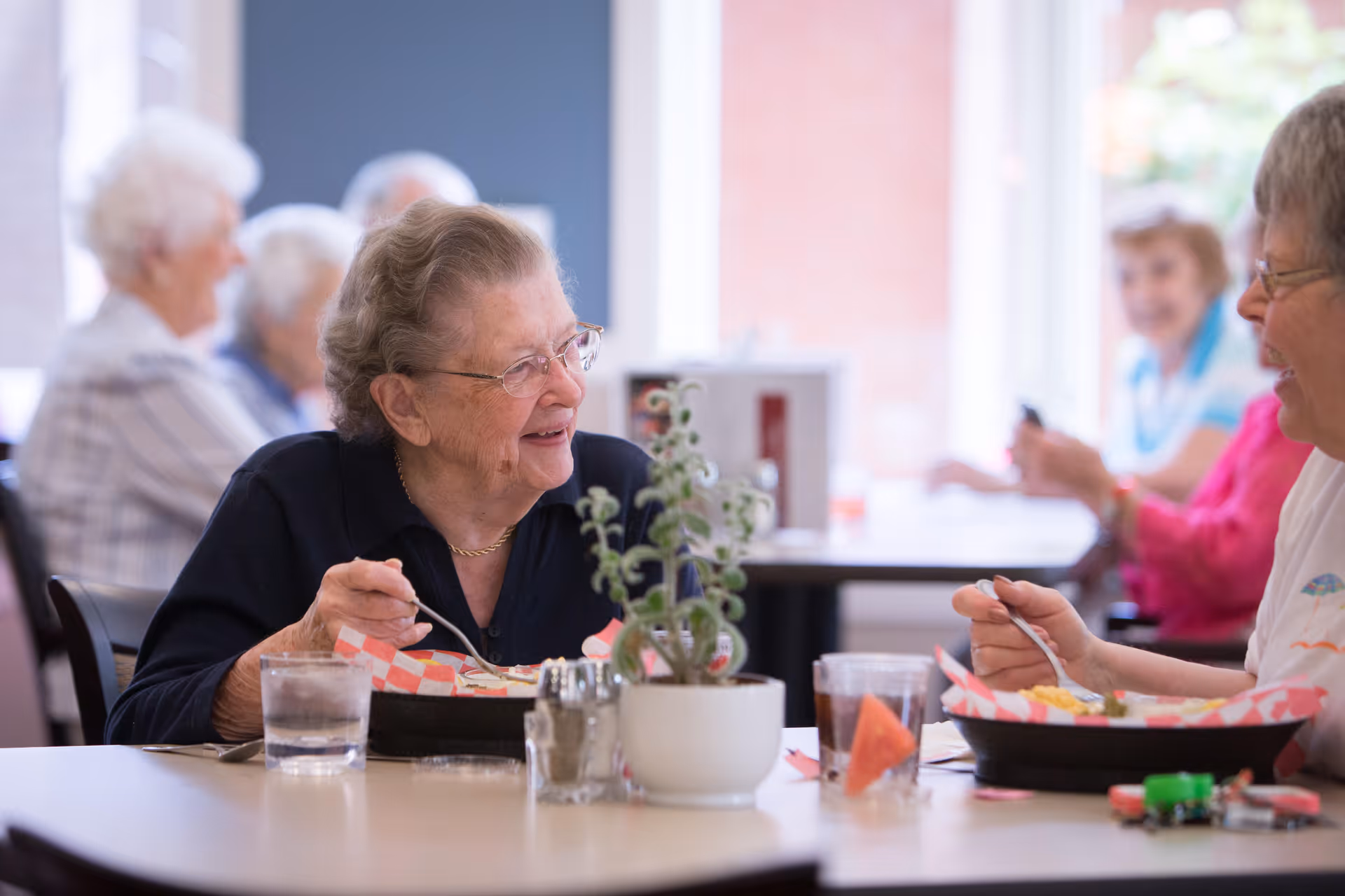 Two elderly women sitting at a table in a dining area, smiling and eating a meal together. There are other elderly people in the background also seated and engaged in conversation. A small potted plant and condiments are on the table.