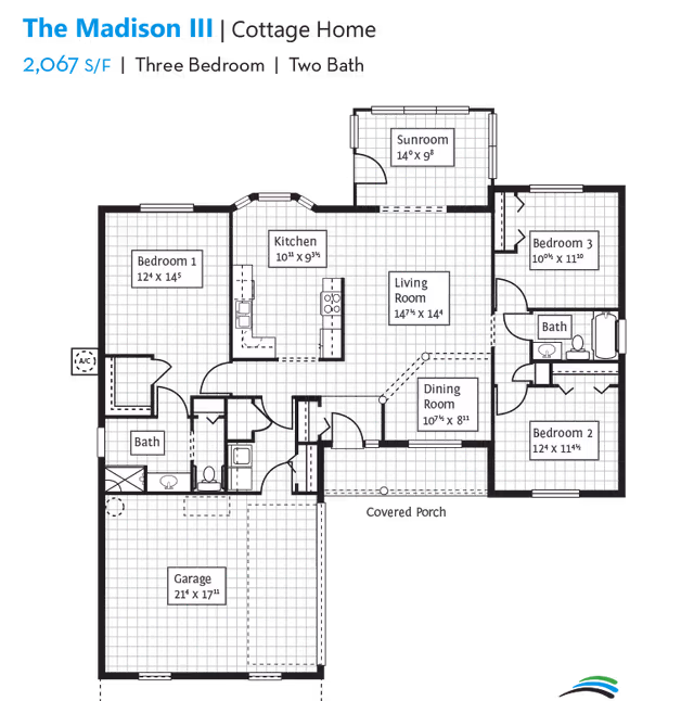 Floor plan of The Madison III Cottage Home at Summit Hills, showing three bedrooms, two bathrooms, kitchen, living room, dining room, sunroom, garage, and covered porch with dimensions for each room.