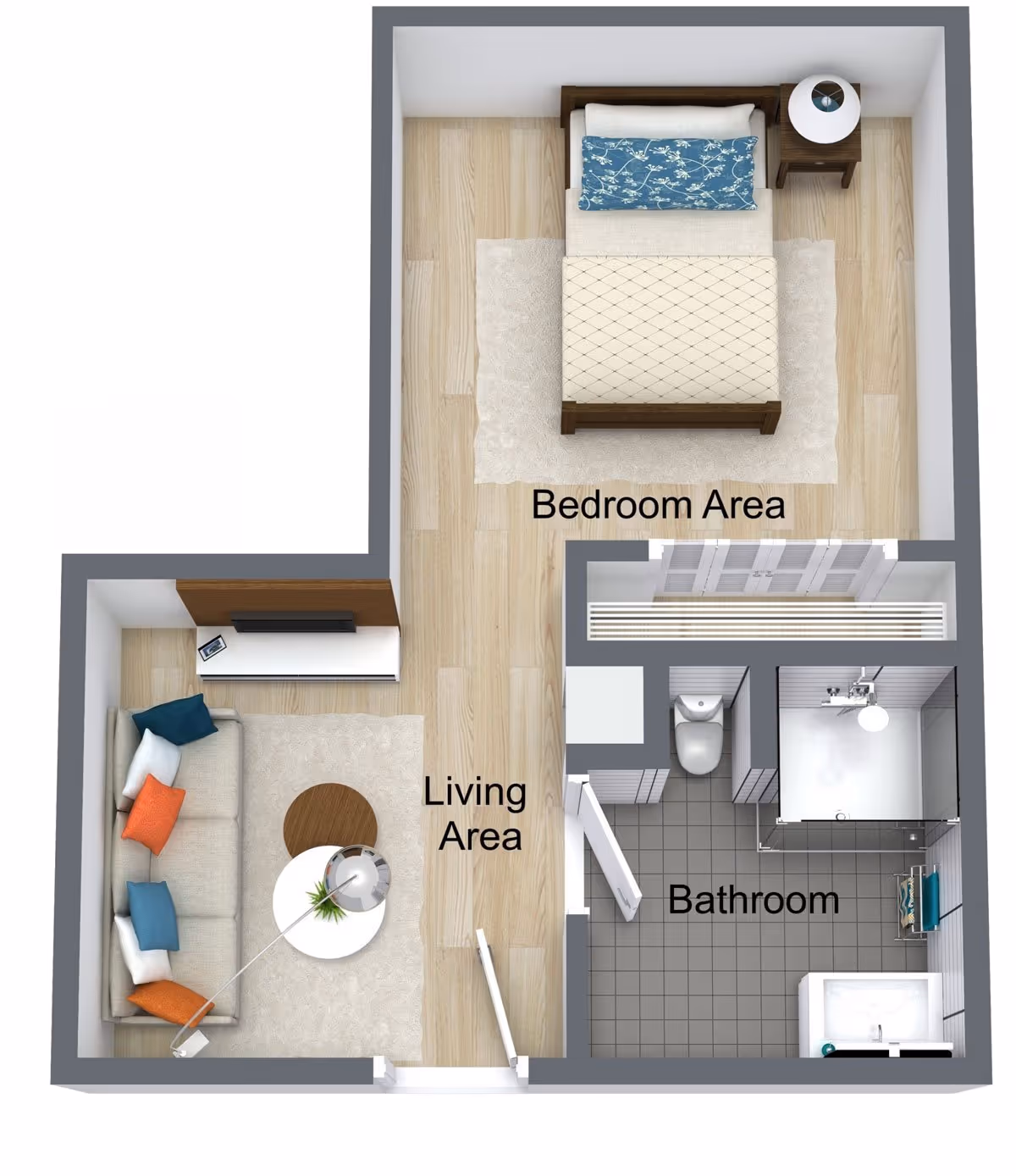 3D floor plan of a small apartment unit at Chapters Living of Canton showing a bedroom area with a bed and nightstand, a living area with a sofa, coffee tables, and TV, and a bathroom with a toilet, shower, and sink.