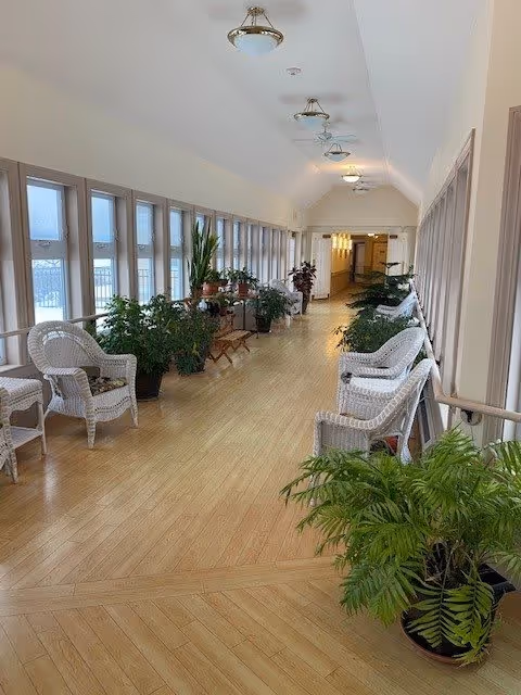 A long, bright hallway with wooden flooring and large windows on one side. The hallway is decorated with numerous green potted plants and white wicker chairs arranged along the walls. Ceiling lights are evenly spaced along the length of the hallway.