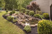 A landscaped outdoor area featuring a small rock waterfall flowing into a pond, surrounded by various green shrubs, bushes, and trees next to a building wall.