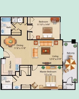 Floor plan of a senior living apartment at The Fountains at Sun City showing two bedrooms, two bathrooms, a kitchen, dining area, living room, balcony with outdoor furniture, and storage space.