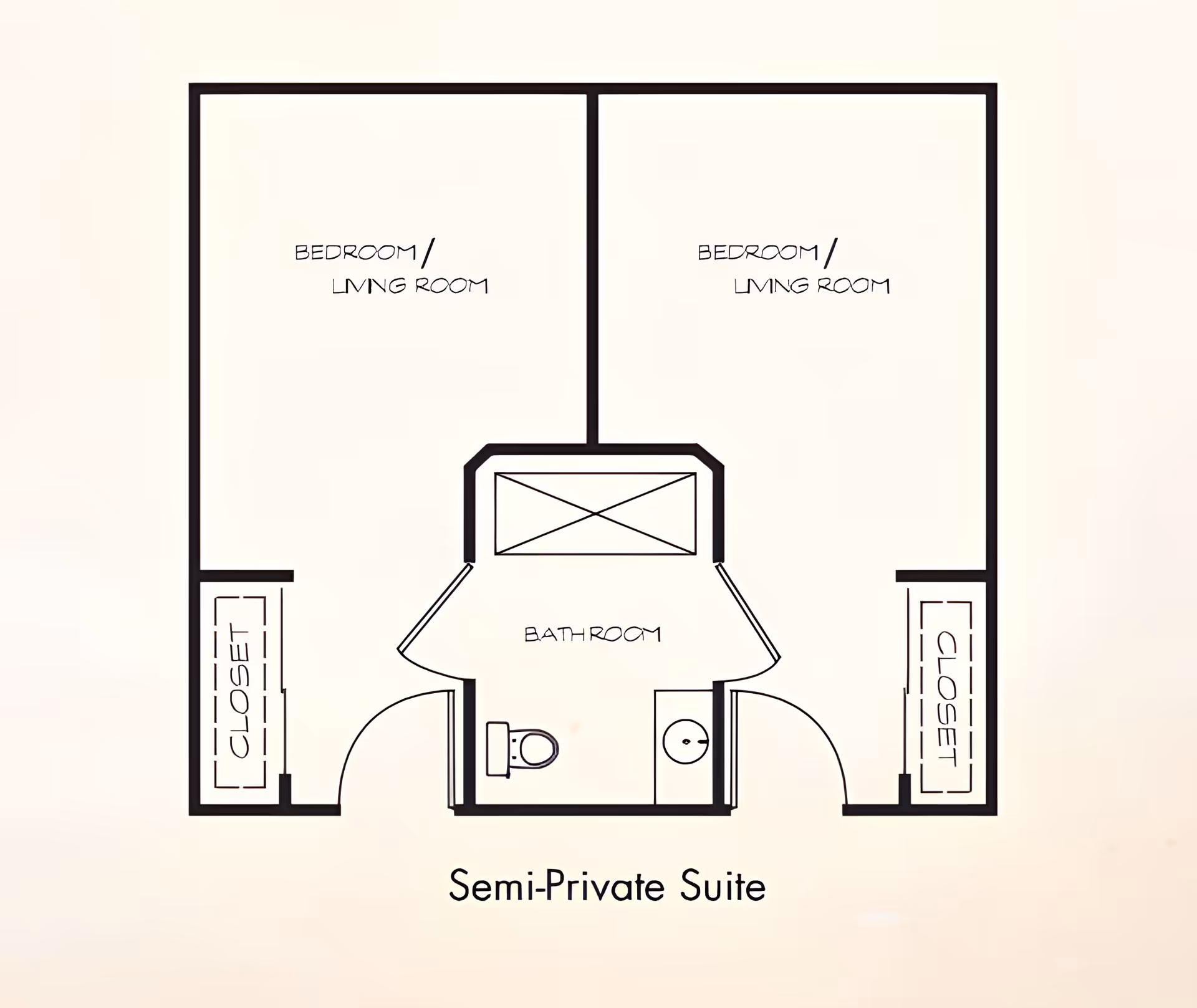 Black-and-white floor plan labeled 'Semi-Private Suite' showing two adjacent bedroom/living rooms with a shared central bathroom and closets.
