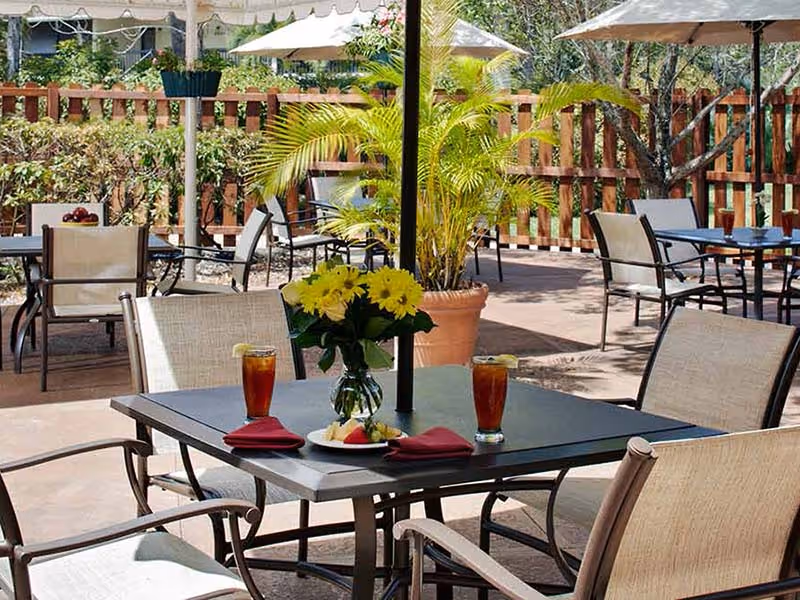 Outdoor patio area with multiple tables and chairs, some tables have umbrellas. One table in the foreground has a vase with yellow flowers, two glasses of iced tea with lemon, and a plate with fruit. There are potted plants and a wooden fence in the background.
