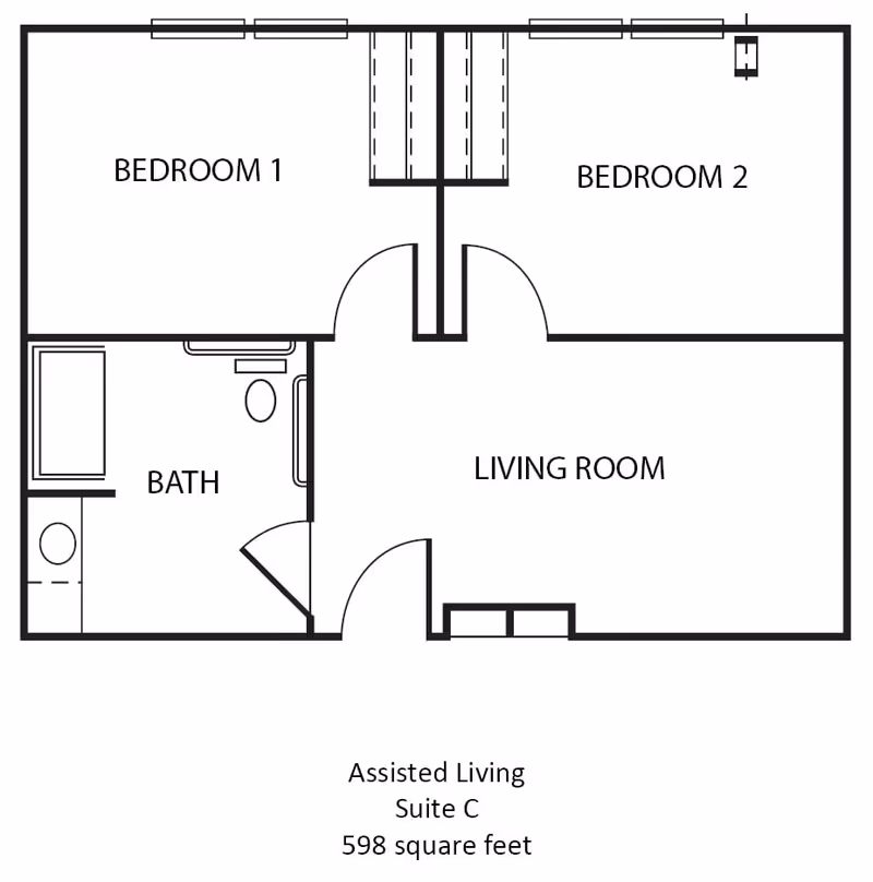 Floor plan of an assisted living suite labeled Suite C, showing two bedrooms, a bathroom, and a living room, totaling 598 square feet.