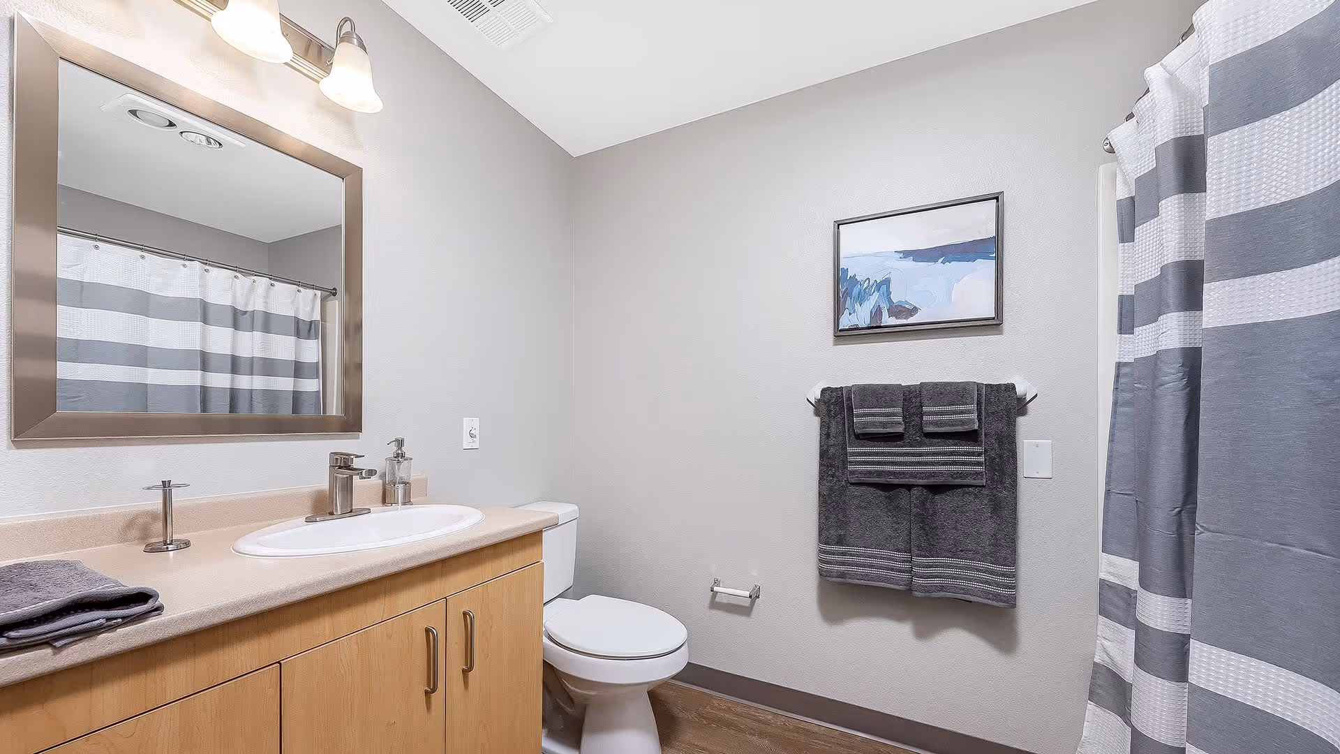 A clean and modern bathroom featuring a wooden vanity with a sink, a large mirror above it, a toilet, and a shower with a gray and white striped curtain. Dark gray towels hang on a towel rack on the wall, and a framed abstract painting is displayed above the towels.
